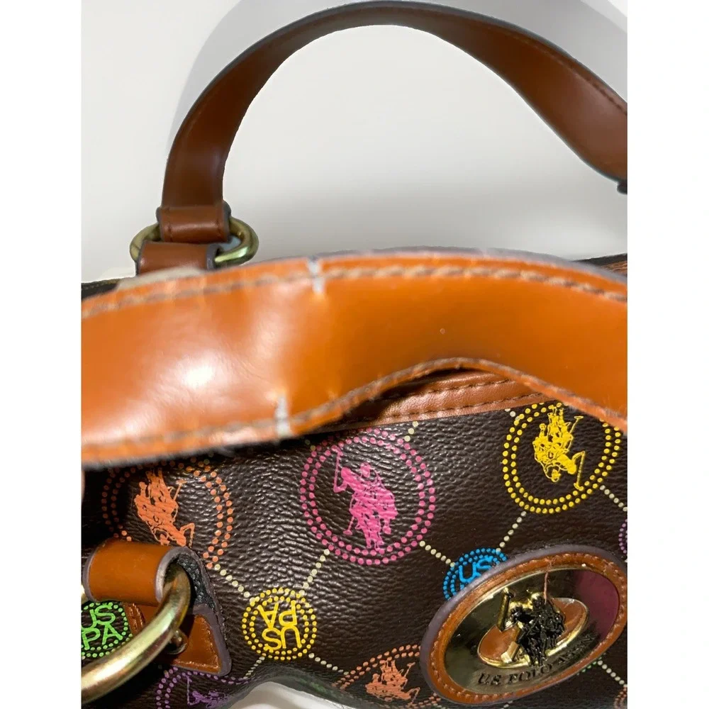 U.S. POLO ASSN. Brown Multicolor Monogram Boston Satchel Handbag Y2K